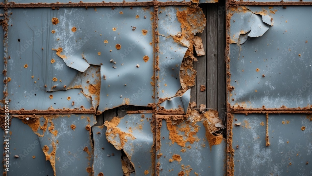 Aufkleber rusty grey metal wall panel with peeling paint, showing textures of corrosion and deep textures, cen