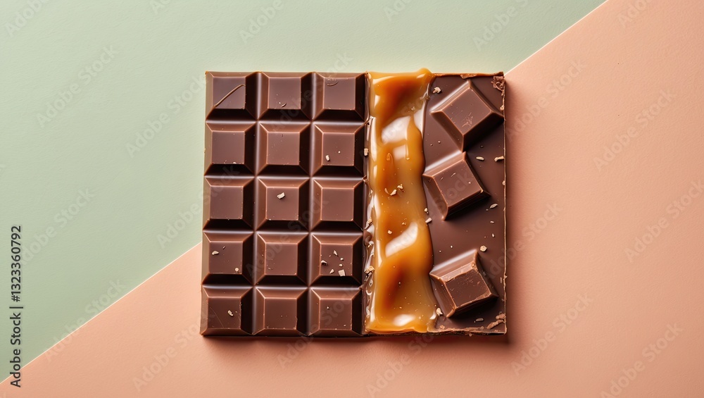 Poster chocolate bar with caramel filling on geometric pastel background displaying soft green and peach to