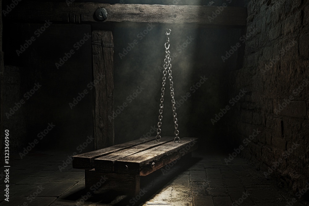 Poster A simple wooden bench with chains hanging from its sides, ideal for use in a rustic or industrial setting
