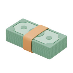 3D money stack with rubber band isolated on transparent background.