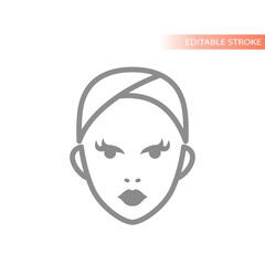 Female face with towel, cosmetics line icon. Beauty routine, skin care and cosmetology vector.