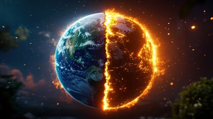 A visually striking image of Earth split in half, with one side ablaze, symbolizing environmental crisis and climate change.