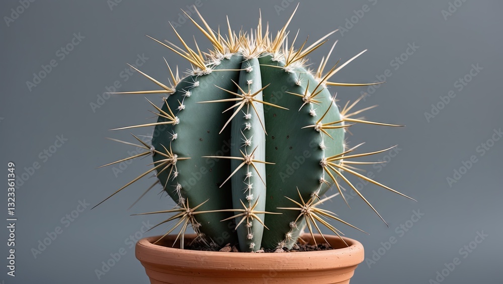 Poster close-up of a green cactus with prominent long thorns in a clay pot centered against a smooth gray b