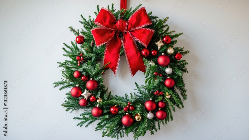 Poster festive green christmas wreath adorned with shiny red ornaments and a large red ribbon bow centered 