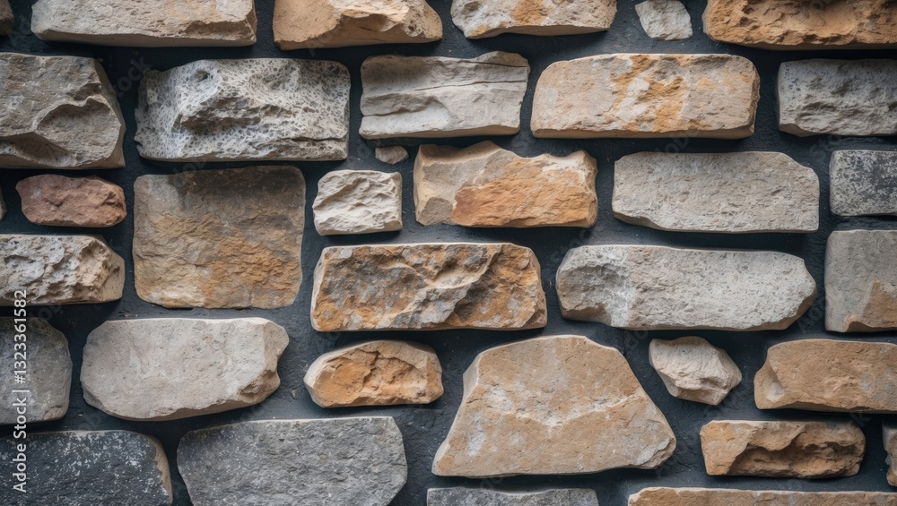 Poster Close-up view of a textured stone wall featuring natural hues of beige, gray, and brown arranged in a balanced rectangular pattern.