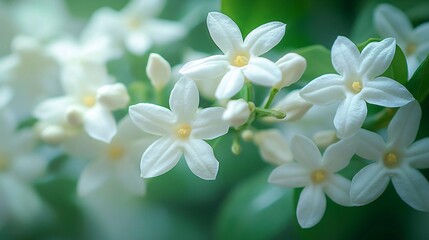 Obraz premium Close-up of delicate white star jasmine flowers, perfect for Mother's Day designs or floral arrangements, evoking purity and serenity.