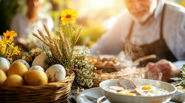 A beautifully decorated Easter table set for a zurek traditional Polish Easter meal. AI generative.