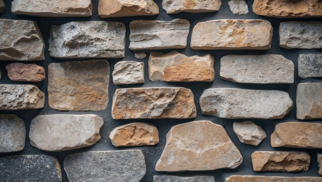 Close-up view of a textured stone wall featuring natural hues of beige, gray, and brown arranged in a balanced rectangular pattern. - Powered by Adobe