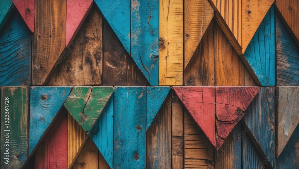 Aufkleber colorful geometric wooden wall panel with blue green yellow and red triangular patterns arranged in 