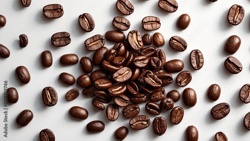 Poster coffee beans scattered in a random layout against a bright white background highlighting rich brown 