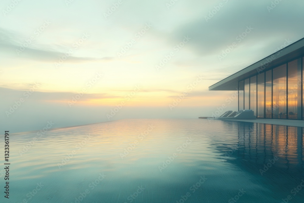 Poster a large swimming pool situated next to a modern tall building, ideal for use in travel or architectu