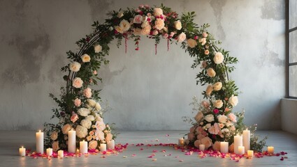 Elegant circular wedding arch created with lush flower petals and soft white candles, placed on a neutral background, ideal for text overlay.
