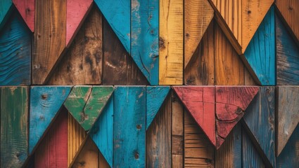 Colorful geometric wooden wall panel with blue green yellow and red triangular patterns arranged in a vibrant, rustic design for decoration purposes