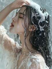 Obraz premium A Beautiful Korean woman with long black hair without hands, shampooing her hair which is foam after swim with wear.