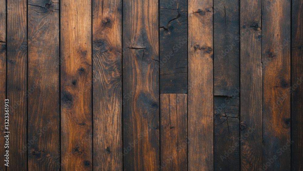 Poster Close-up texture of dark brown wooden planks arranged vertically showcasing natural grain patterns with variations in color and depth.