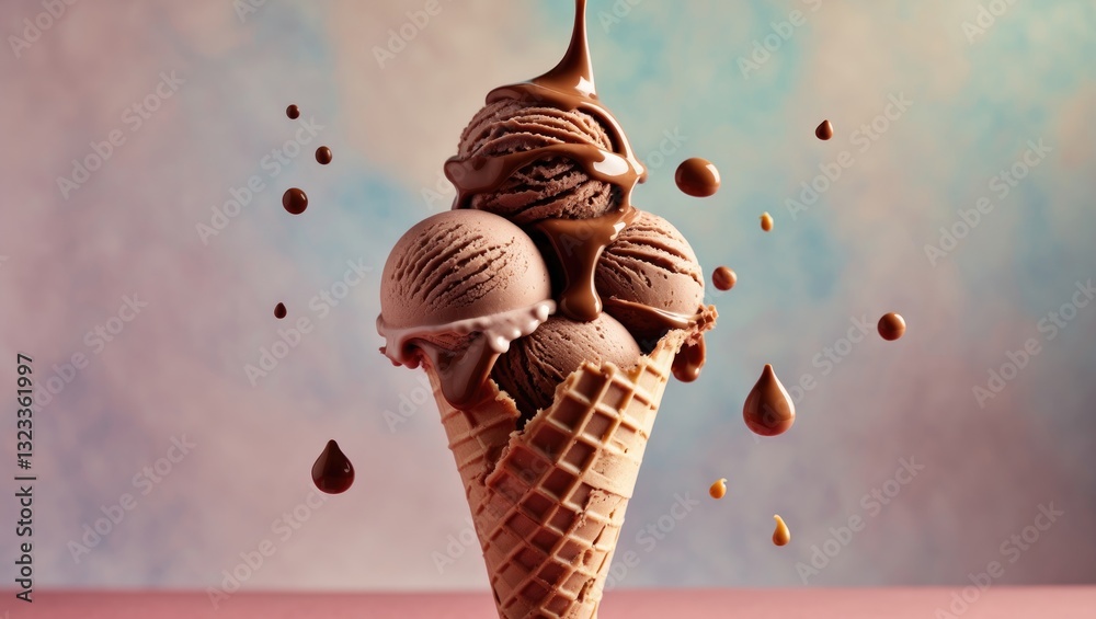 Poster classic chocolate ice cream cone topped with drips on a pastel blue and pink background featuring th
