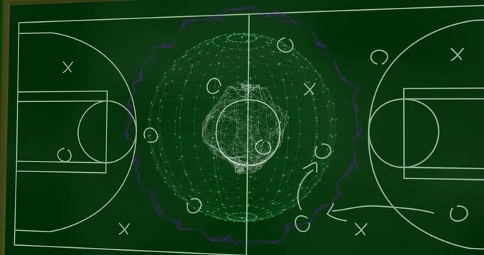 On green chalkboard, digital network sphere with soccer strategy animation in school