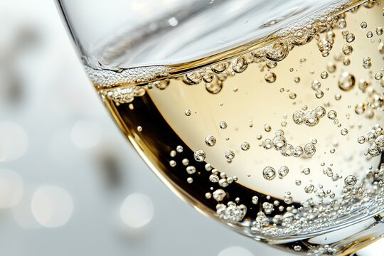 Sparkling Wine Bubbles Close-up Festive Champagne Glass Macro Photography