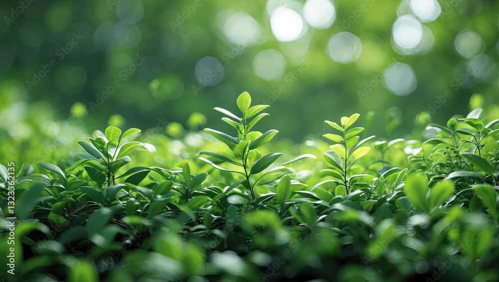 Poster Vibrant green foliage in soft focus with a blurred background highlighting lush greenery and ample copy space for text or design elements.