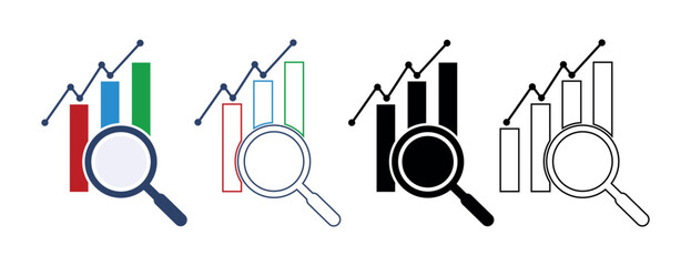 Business Research Icon. Market Analysis, Data Insights, Financial Growth, Analytics Magnifying Glass, Statistical Report, Economic Trends, Strategy Planning, Performance Metrics