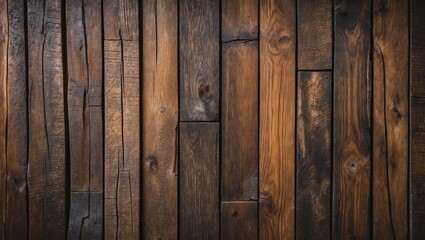 Naklejka premium Dark brown wooden wall texture with vertical planks, showcasing rich grain patterns and varying shades for a rustic, natural feel.