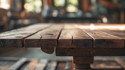 Fototapeta premium Close-up view of a rustic wooden table in foreground with a softly blurred nature-filled background featuring warm light tones and textures
