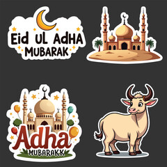 Festive Eid ul Adha Stickers Featuring Mosque, Crescent Moon, and Animal