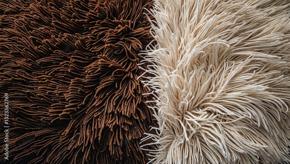 Leinwandbilder top-down view of a shaggy carpet with rich brown on the left and creamy white on the right, featurin