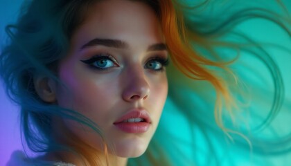 Naklejka premium A stunning portrait captures a young woman with mesmerizing blue eyes and flowing hair, illuminated by a soft, colorful glow. The ethereal lighting enhances her delicate features and bold eyeliner