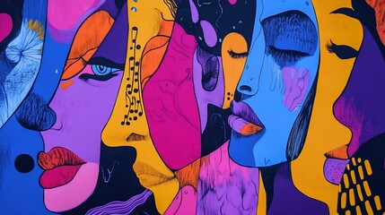 Abstract colorful faces, vibrant and bold.
