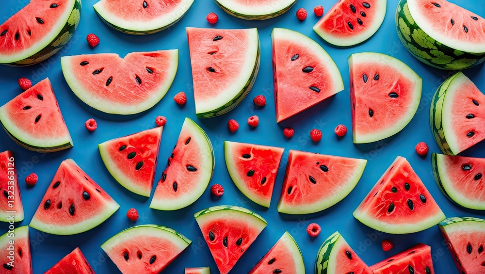 Poster Colorful array of fresh watermelon slices on vibrant blue background; top view showcases bright pink and green hues with empty space for text.