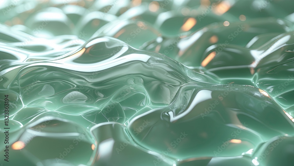 Poster translucent glass surface with rippled turquoise texture reflecting refracted light; bumpy uneven ba