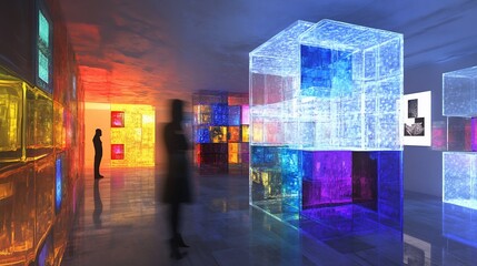 Abstract art gallery interior with translucent colorful cubes and people.