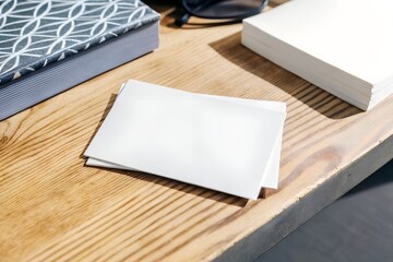 Fototapeta premium Blank business card mockup on a wooden desk with soft natural lighting. Ideal for corporate branding, identity design, and business presentations. High-resolution realistic setup.