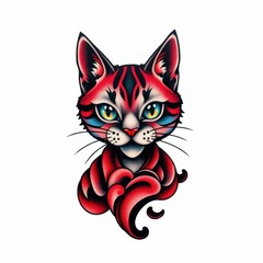 Fototapeta premium A Stylized Cat Tattoo: A vibrant and captivating illustration of a cat, rendered in a classic tattoo style with bold lines, striking colors, and intricate details.