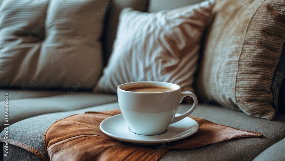 Poster close-up of a white cup of coffee on a tan cushion displaying a relaxed lifestyle with soft textures