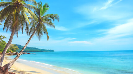 Fototapeta premium Panoramic Tropical Beach with Coconut Palms and Blue Sea Landscape