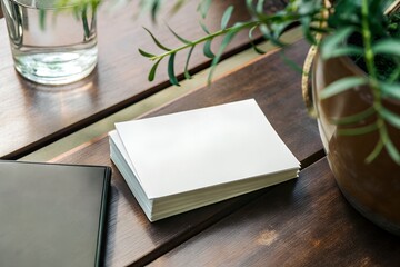 Fototapeta premium Blank business card mockup on a wooden desk with soft natural lighting. Ideal for corporate branding, identity design, and business presentations. High-resolution realistic setup.
