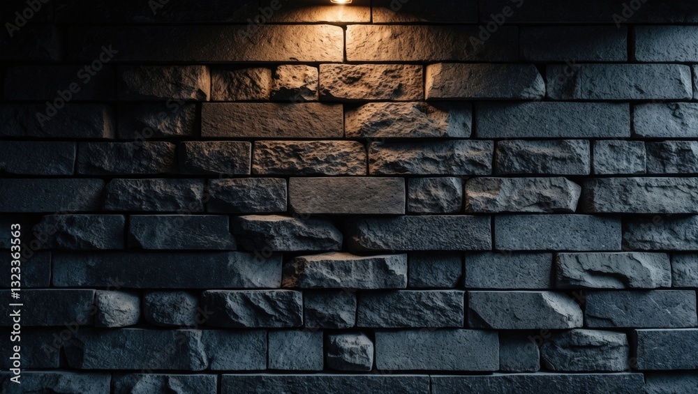 Fototapete Dark textured stone wall illuminated from above with warm lighting highlighting the uneven surfaces and shadows in a moody atmosphere.