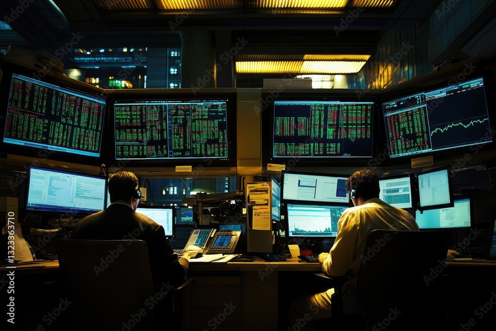 Poster two men sitting at a desk with multiple monitors, focused on their work