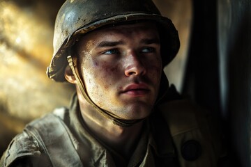 Obraz premium A person wearing a helmet looks directly at the camera