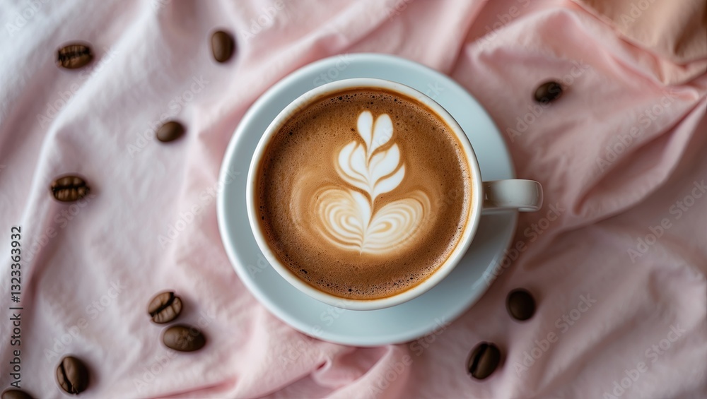 Poster Artfully crafted latte in a white cup on a soft pink fabric background with scattered coffee beans creating a cozy and inviting atmosphere.