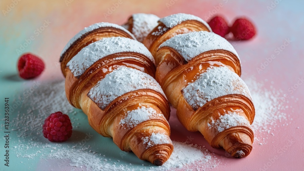 Poster delicious croissants dusted with powdered sugar on a soft pastel background with fresh raspberries s