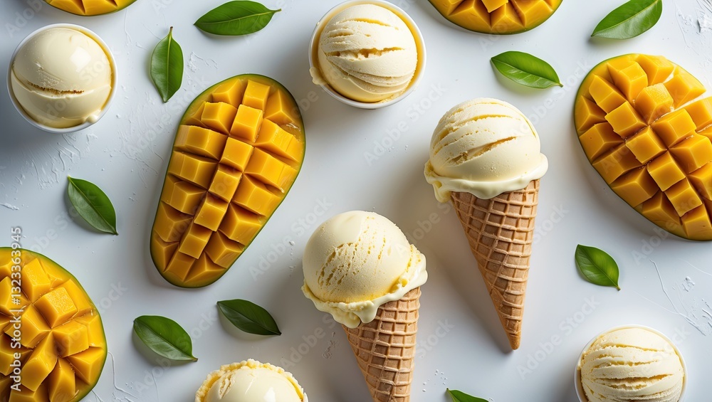 Poster delicious yellow mango slices and creamy vanilla ice cream cones arranged on a light background with