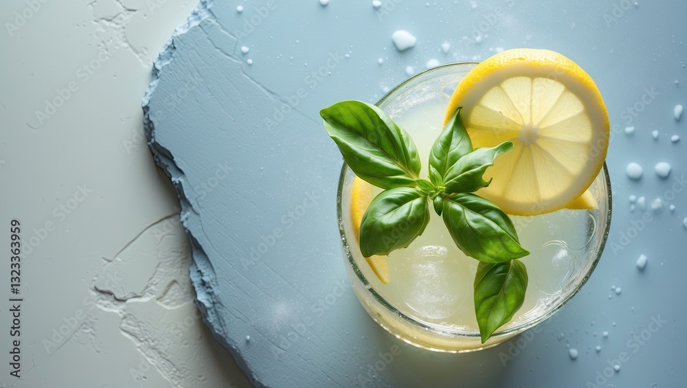 Poster Refreshing lemonade drink with lemon slices and fresh basil on a light blue surface with water droplets, elegantly arranged for summer vibes.