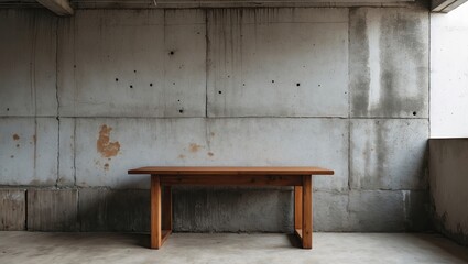 Cement wall with grey tones featuring stain spots on the left side and a central wooden table with warm brown hues against a minimal backdrop.