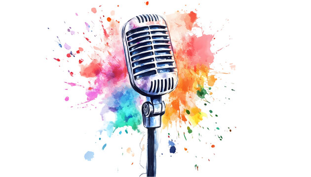Colorful Microphone Watercolor Art on transparent background