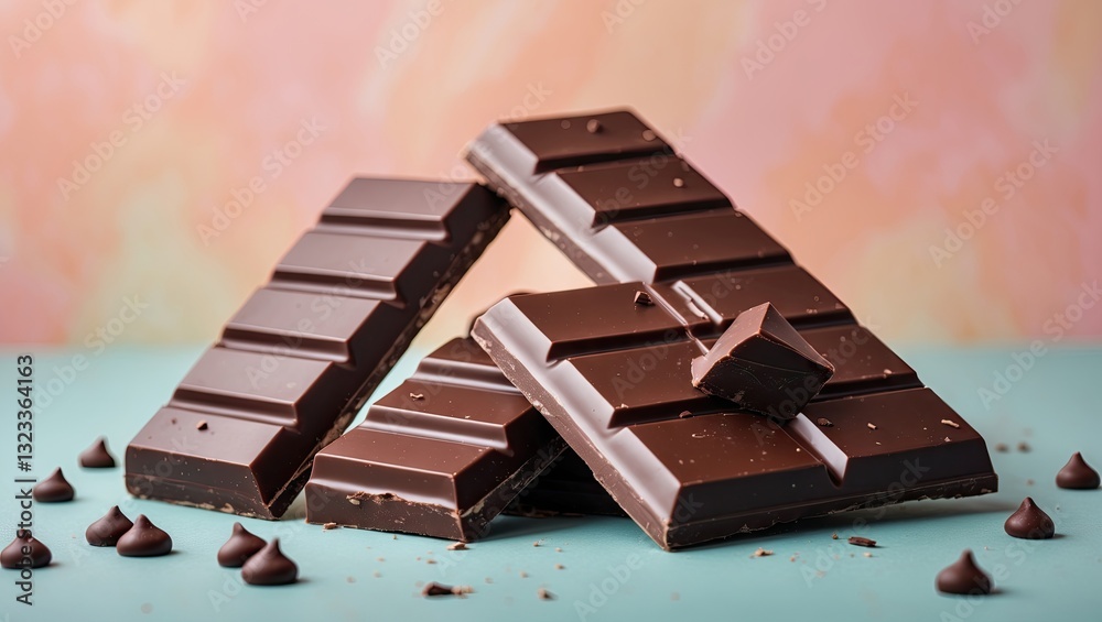 Poster dark chocolate bars arranged artistically on a turquoise surface with a soft pastel pink and orange 
