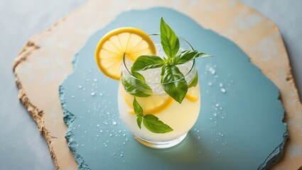Refreshing basil lemonade in a clear glass garnished with lemon slices and fresh basil leaves on a textured teal stone surface.