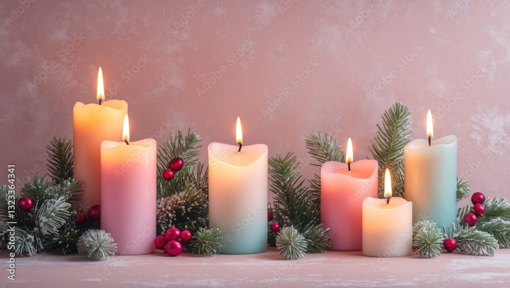 Aufkleber soft pastel-colored candles in varying heights surrounded by evergreen branches and red berries on a